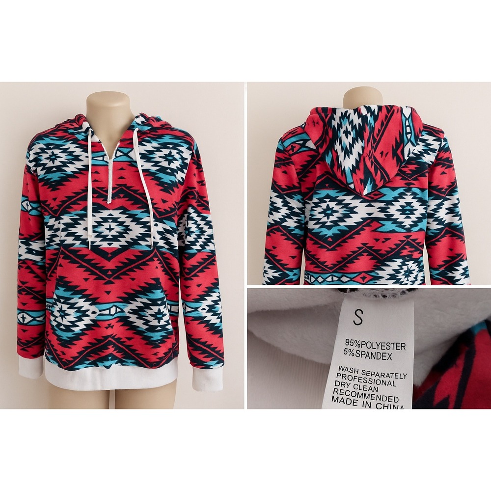 Hoodie Aztec Print Women Small Fleece Pullover Western Southwestern Fuzzy Comfy